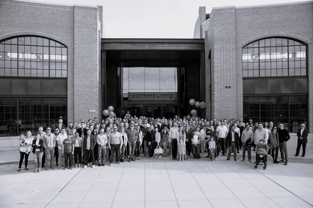 Crowd in front of campus building
