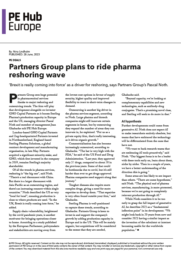Partners Group plans to ride pharma reshoring wave